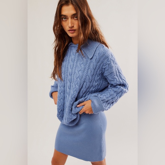 Free People Laurel Cable Knit Sweater Size Small Denim Grey/Blue - Picture 1 of 16